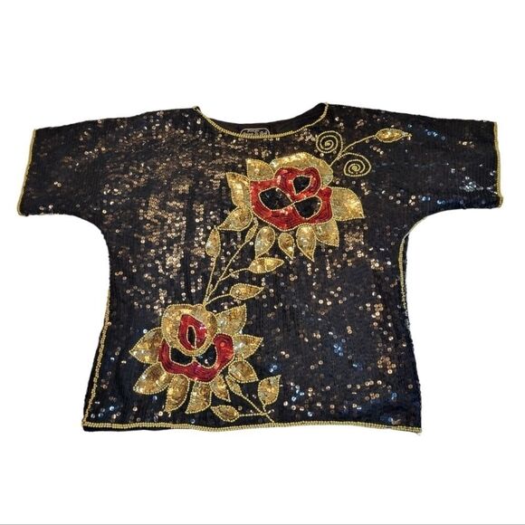 Jean for Joseph Le Bon Vintage Silk Sequin Blouse Black Red Gold Floral Evening - Picture 13 of 13